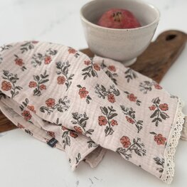 Baluchon Linges à vaisselle en mousseline - Fleur corail