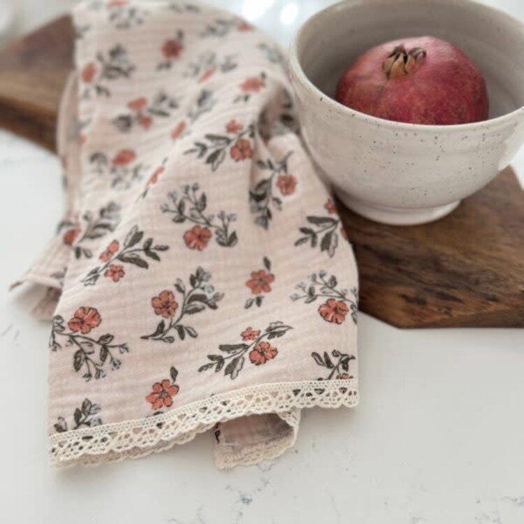 Baluchon Linges à vaisselle en mousseline - Fleur corail