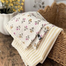 Baluchon Linges à vaisselle en mousseline - Fleuri et rayure jaune