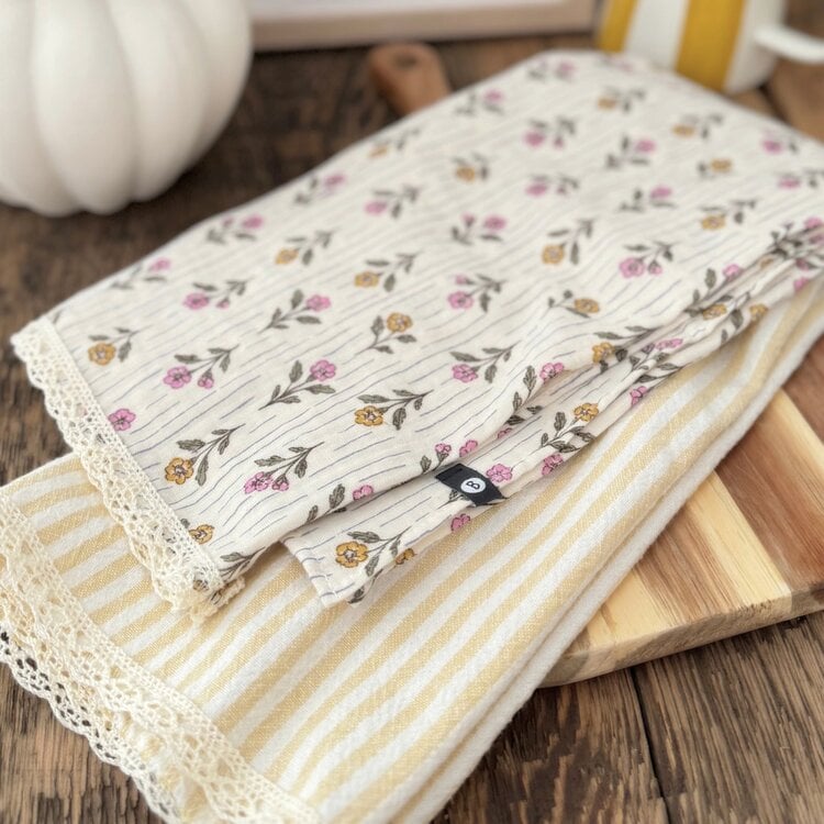 Baluchon Linges à vaisselle en mousseline - Fleuri et rayure jaune