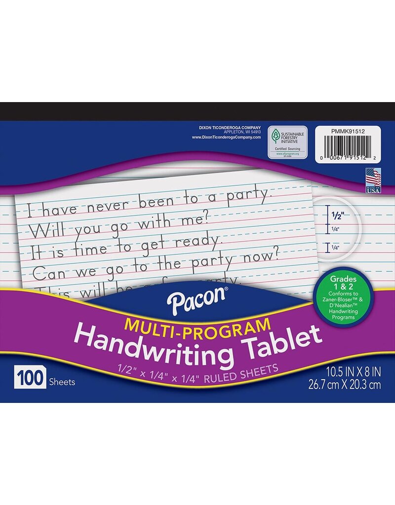 Pacon® Multi-Program Handwriting Tablet 10-1/2" X 8", Ruled Long D'nealian Grade 1 / Zaner-Bloser Grade 2, Long Way 100 Sheets