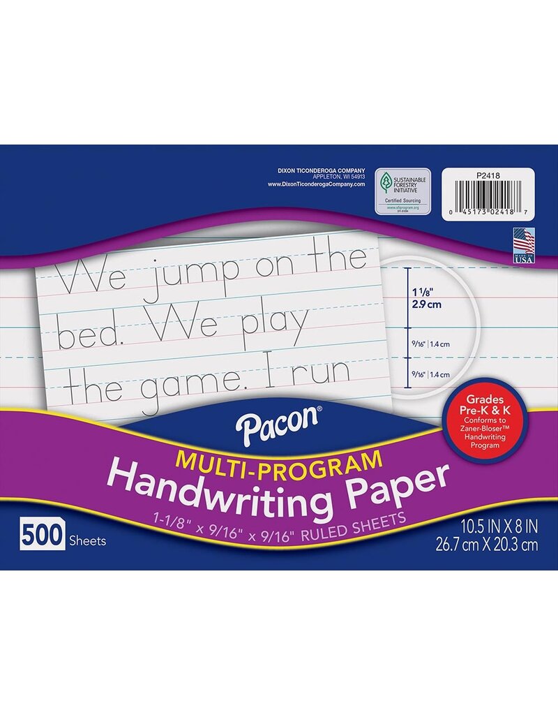 Pacon® Multi-Program Handwriting Paper, Pre-K & K 10-1/2" X 8", Ruled Long Zaner-Bloser Grades Pre-K & K 500 Sheets