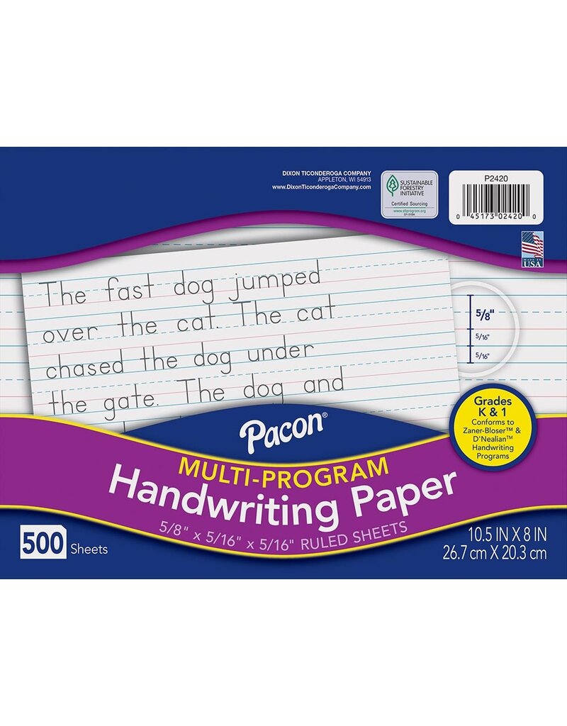 Pacon® Multi-Program Handwriting Paper, Grade 1 10-1/2" X 8", Ruled Long D'nealian Grade K / Zaner-Bloser Grade 1 500 Sheets