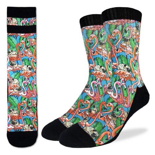 GOOD LUCK SOCK PUGS & FLAMINGOS MENS SOCKS, SIZE 8-13 GOOD LUCK SOCK PUGS & FLAMINGOS MENS SOCKS, SIZE 8-13