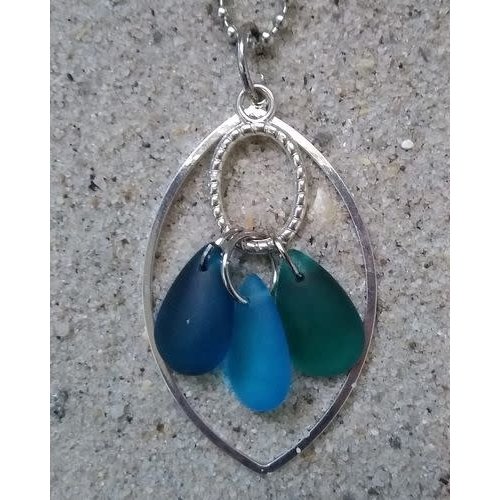 BEACH JEWELRY DESIGNS FLOATING GLASS CHARM NECKLACE, BLUES BEACH JEWELRY DESIGNS FLOATING GLASS CHARM NECKLACE, BLUES
