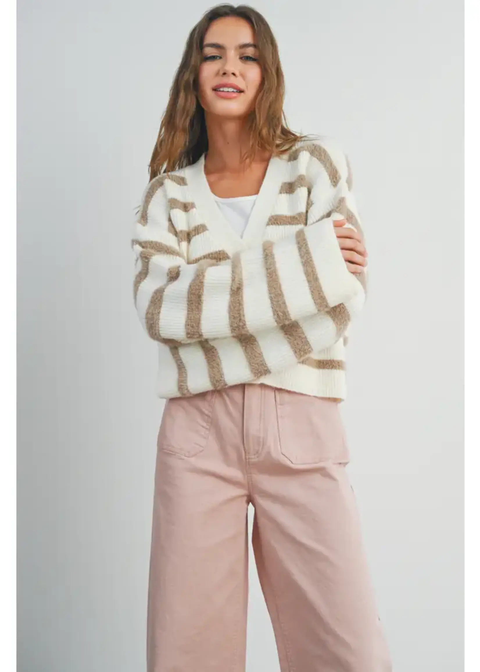 Buttermelon Striped Button Front Long Sleeve Cardigan