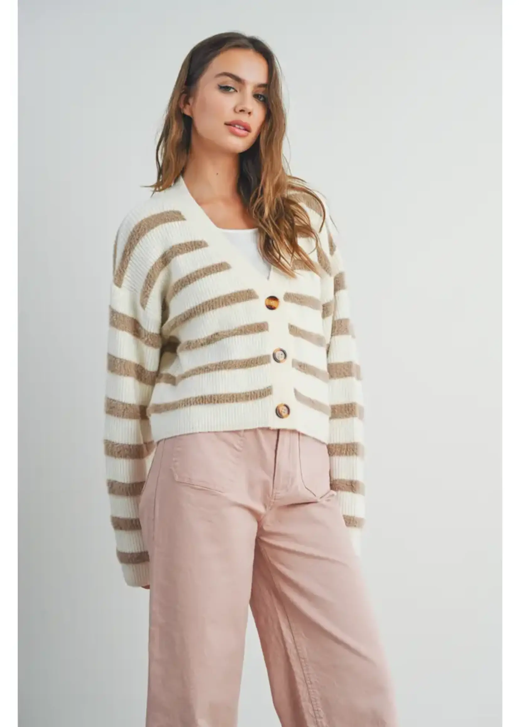 Buttermelon Striped Button Front Long Sleeve Cardigan