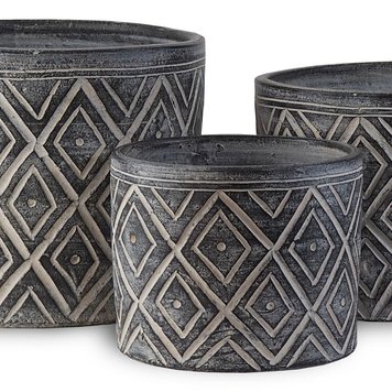 YELLOW Carved Thai Cylinder Pot - Black w/ White Diamond