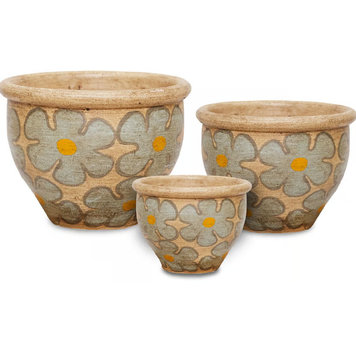 YELLOW Floppy Flowers Bell Pots Blue