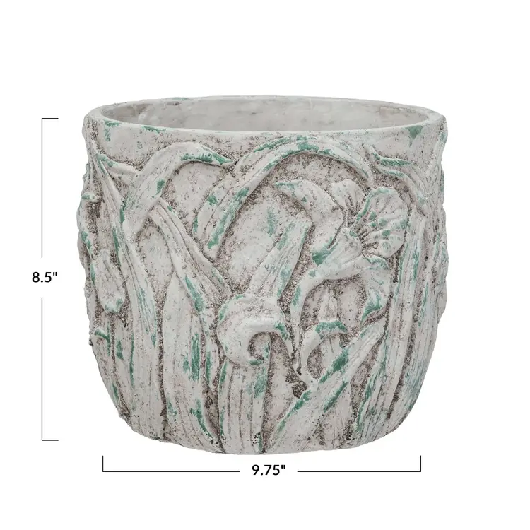 YELLOW Verdigris Floral Cement Pot, 9"