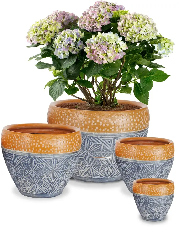 YELLOW CARVED THAI POT GEOMETRIC SNOW DESIGN 20 inch