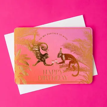 YELLOW Partner in Wine Birthday Card Monkeys
