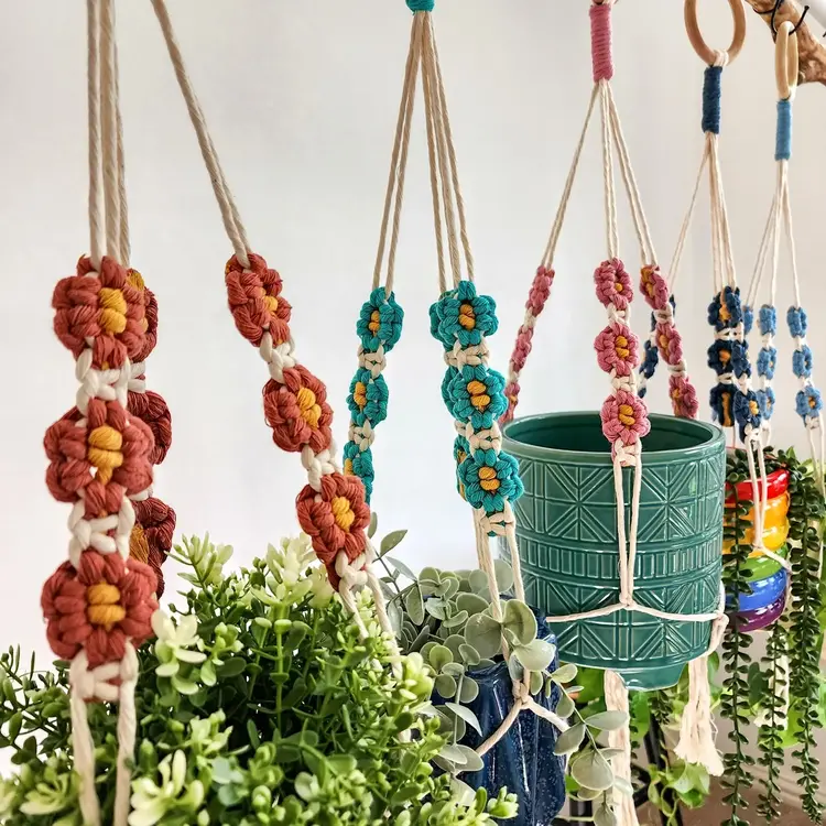 YELLOW Floral Daisy Macrame Hanger Champagne Pink