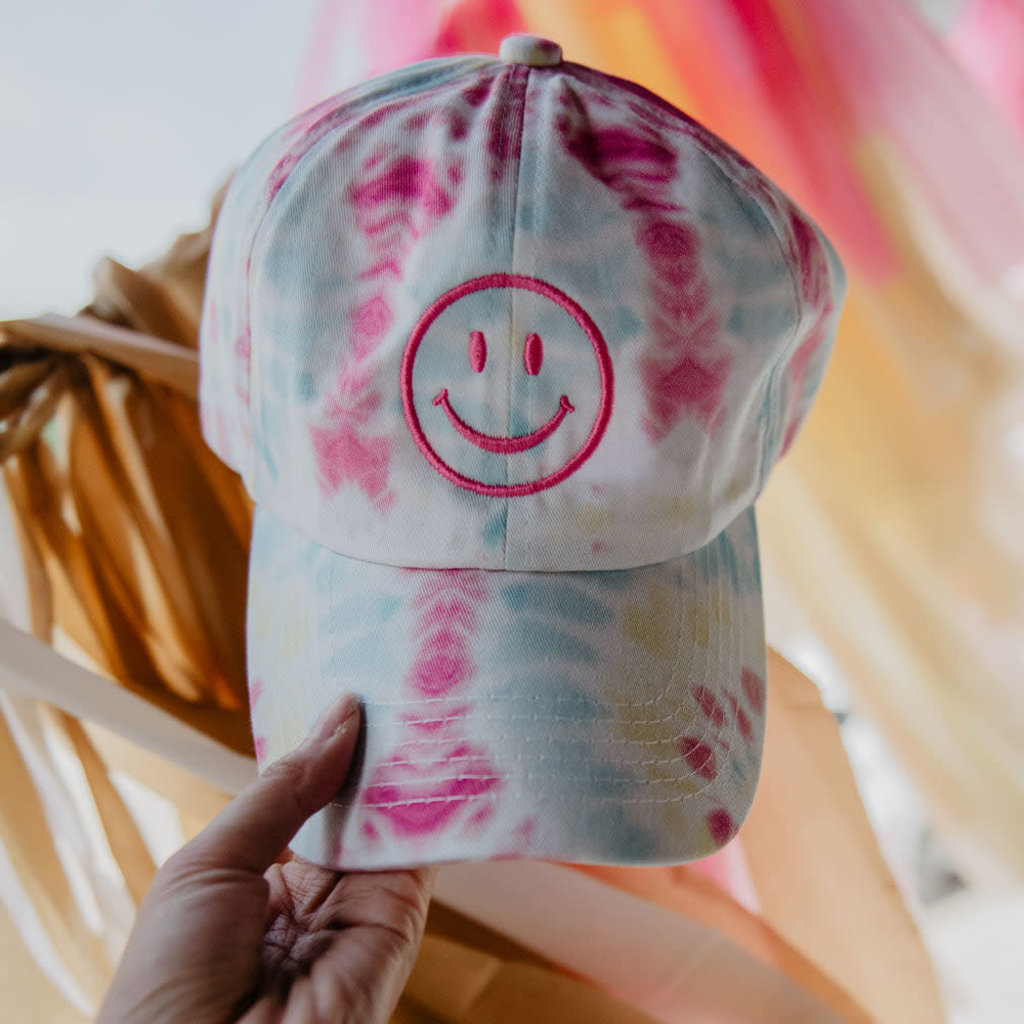 Hot Pink Smiley Face Tie Dye Baseball Hat
