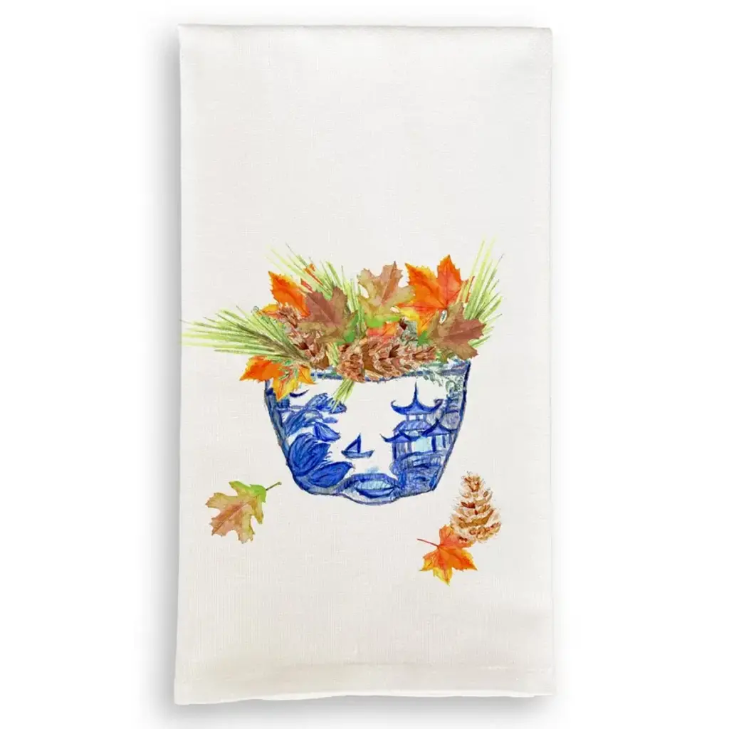 Blue and White Bowl with Fall Leaves Dishtowel