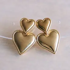 STAINLESS STEEL STATEMENT EARRING 2 HEARTS - GOLD