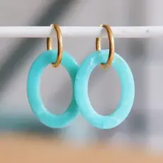 STEEL EARRING WITH OVAL RESIN DROP - SEA GREEN/GOLD