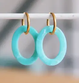 STEEL EARRING WITH OVAL RESIN DROP - SEA GREEN/GOLD
