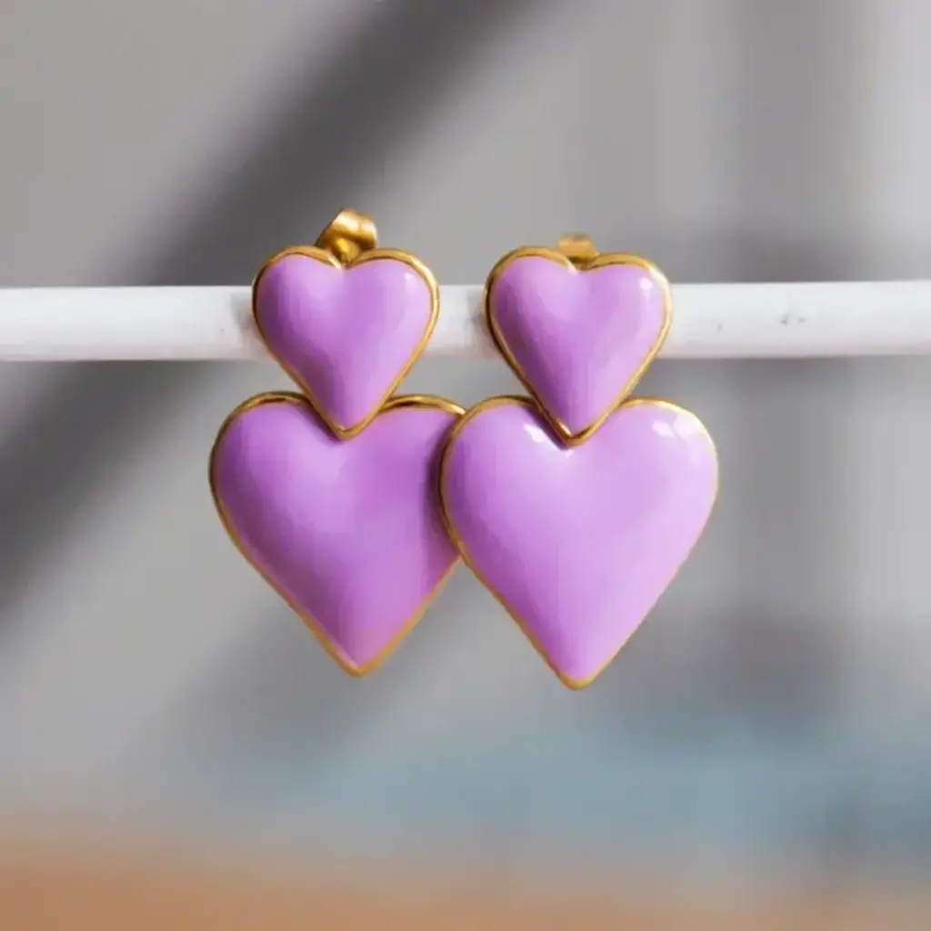 STAINLESS STEEL EARRING 2 HEARTS - PURPLE/GOLD