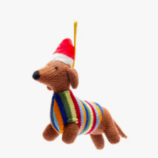 KNITTED DACHSHUND CHRISTMAS ORNAMENT IN BRIGHT STRIPE JUMPER