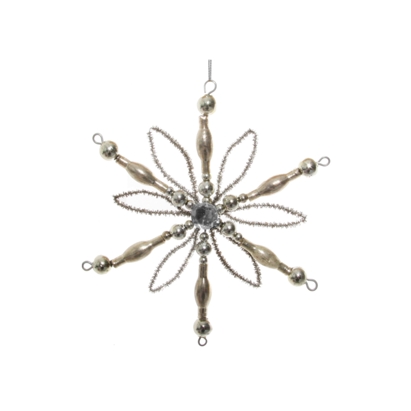 Glass Bead Snowflake w/ Tinsel Silver