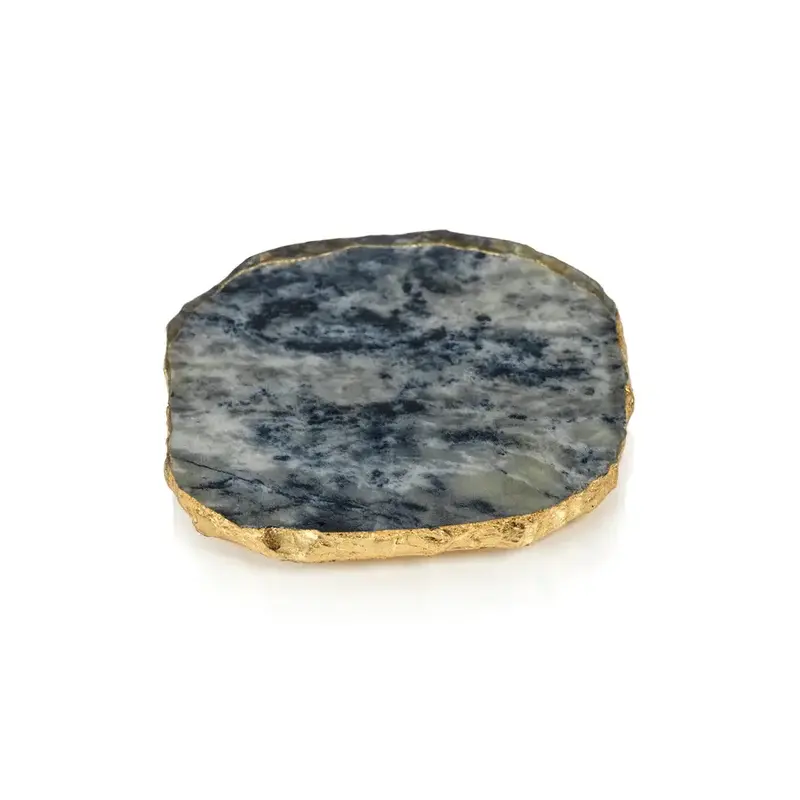 Agate Marble Glass Coasterw/ Gold Rim - Blue