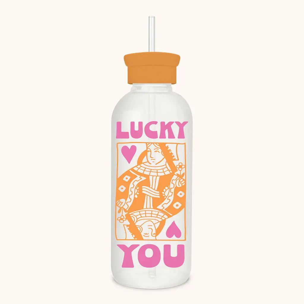 Lucky Card Glass Water Bottle with Straw