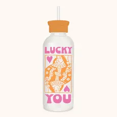Lucky Card Glass Water Bottle with Straw