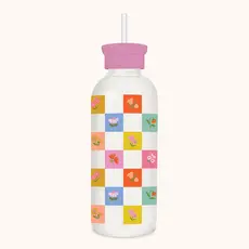 Checkerboard Blooms Glass Water Bottle Straw