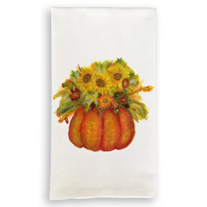 Pumpkin with Fall Flowers Oxford Tea Towel
