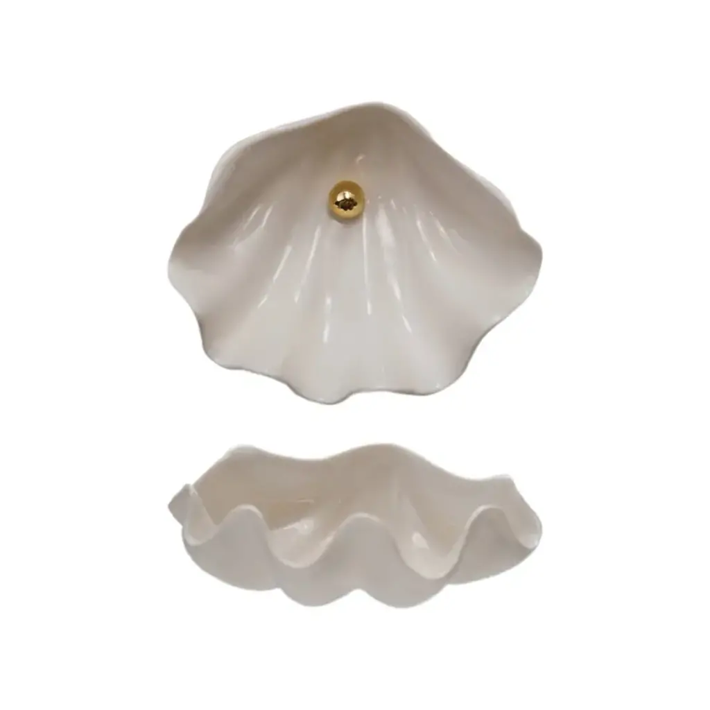 Stoneware Shell Shaped Dish with Bead - White & Gold