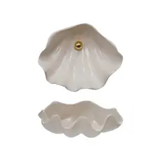Stoneware Shell Shaped Dish with Bead - White & Gold