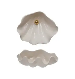 Stoneware Shell Shaped Dish with Bead - White & Gold