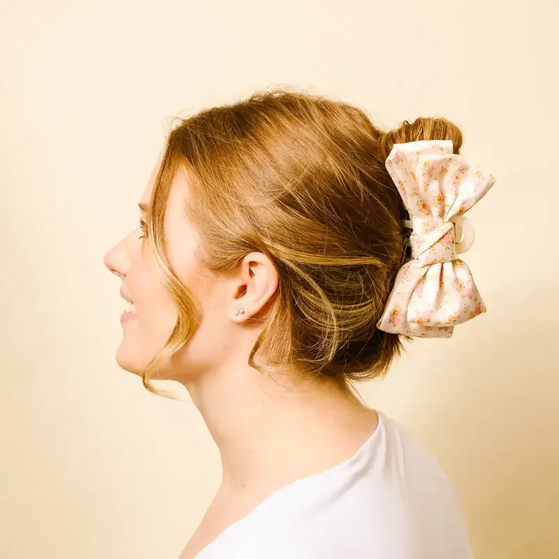 Satin Bow Claw Clip - Cream Floral