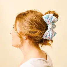 Satin Bow Claw Clip - Blue Floral