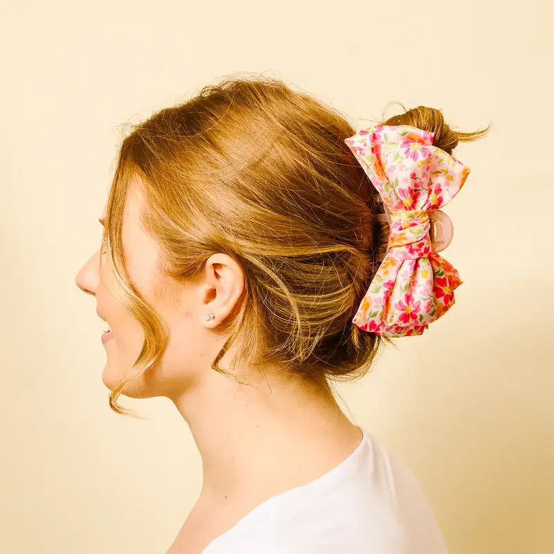 Satin Bow Claw Clip - Pink Floral