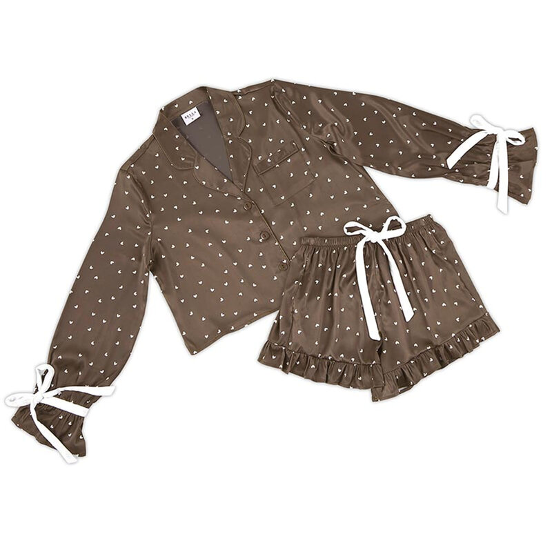Cropped PJ Set Velvet Bows - Brown - Medium
