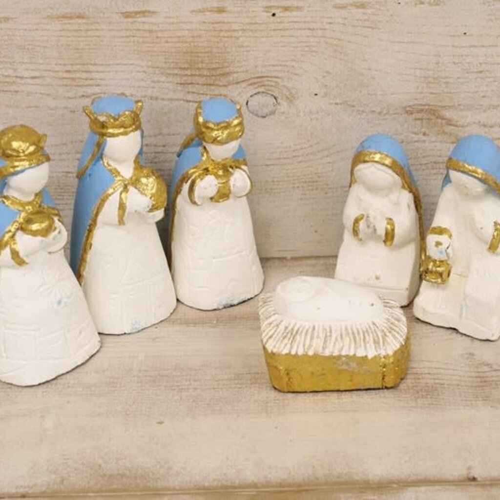 Paper Pulp Nativity Turquoise Gold Leaf Figures