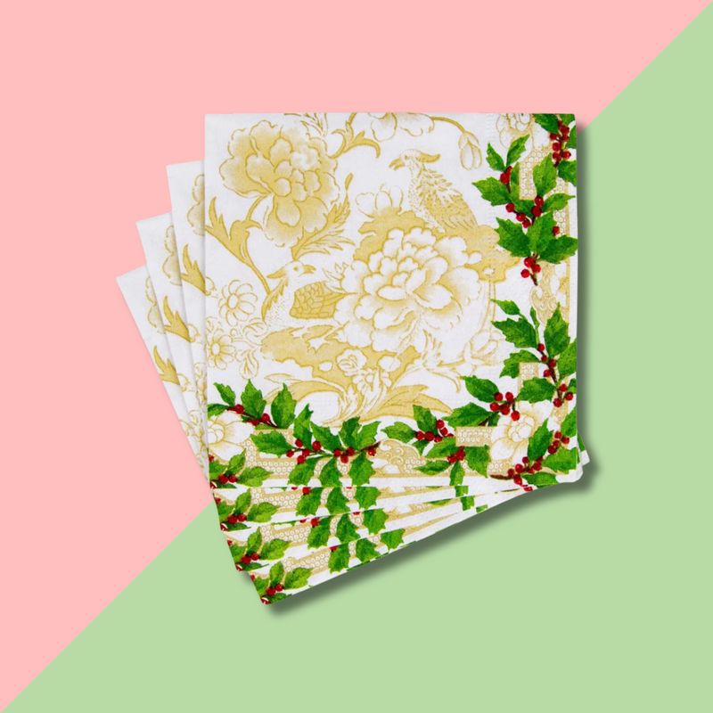 Caspari Holly Ceramic Ivory & Gold Cocktail Napkin