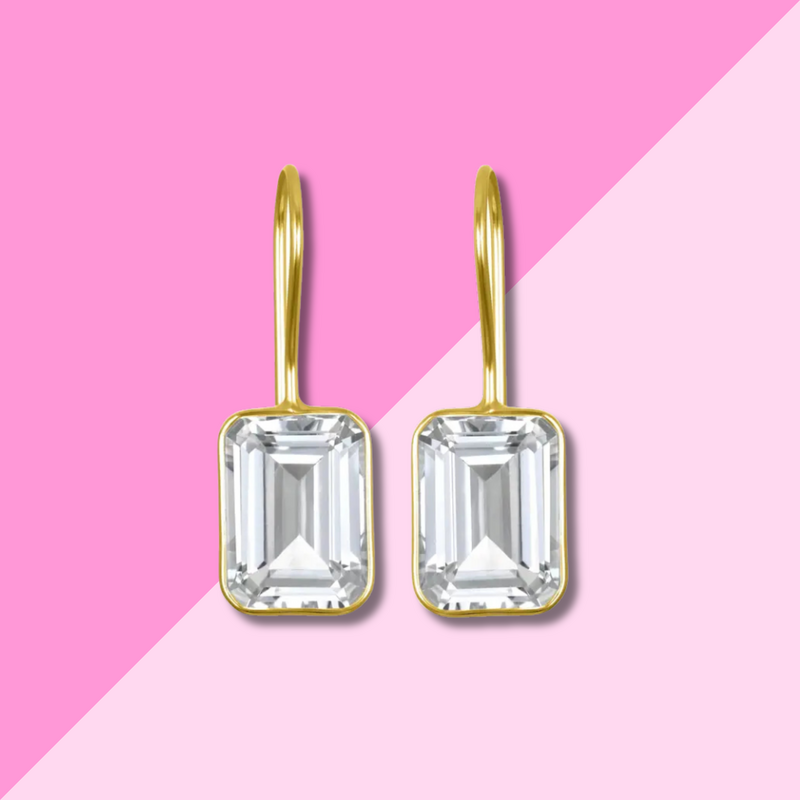 AMELIA ROSE JEWELRY Bezeled Emerald Cut Dangles - White Topaz Gold