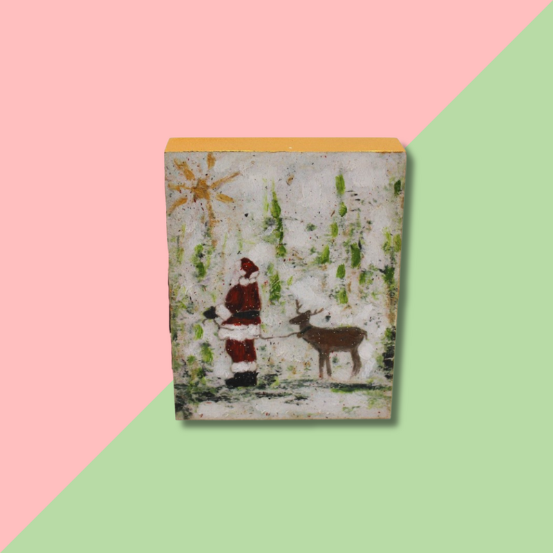 TRADE CIE 4x5 Handpainted Solid Table Sign Santa & Deer
