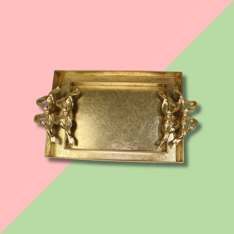 TRADE CIE Gilded Gold Metal Tray w/ Bow Handle Small