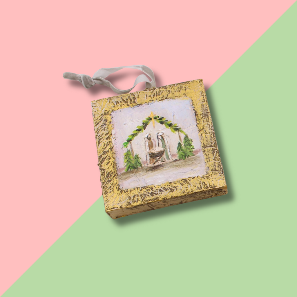 TRADE CIE Handpainted Nativity Canvas Ornament - Manger Scene