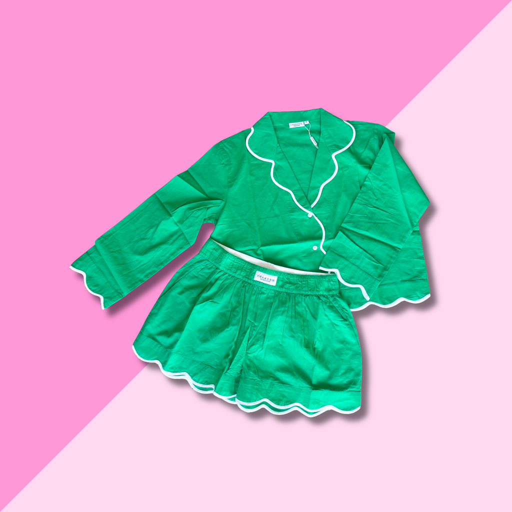 chakeris Green Scallop Cotton Pajama Set