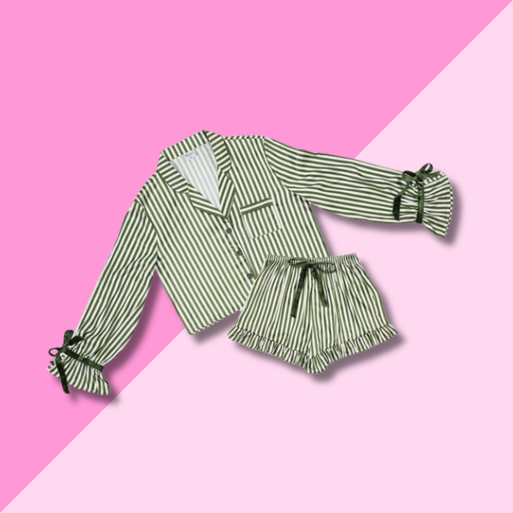 Bella Sleep & Spa Green Stripe Velvet Ties Cropped PJ Set