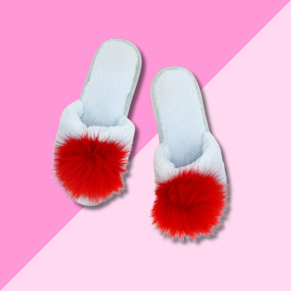 Pom Pom Slippers - Blue + Red MD (7-8)