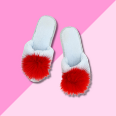 Pom Pom Slippers - Blue + Red MD (7-8)