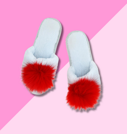 Pom Pom Slippers - Blue + Red LG (9-10)
