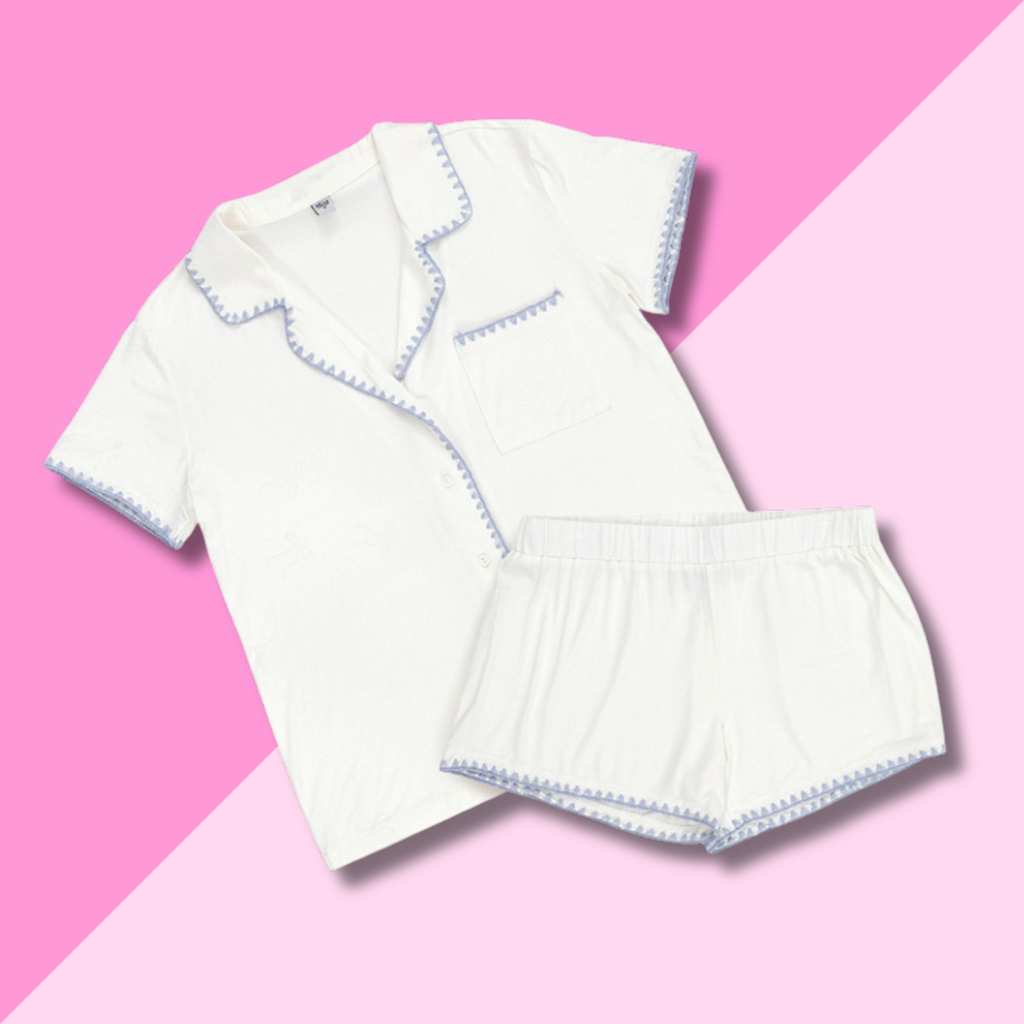 White & Blue Bamboo PJ Short Set LG