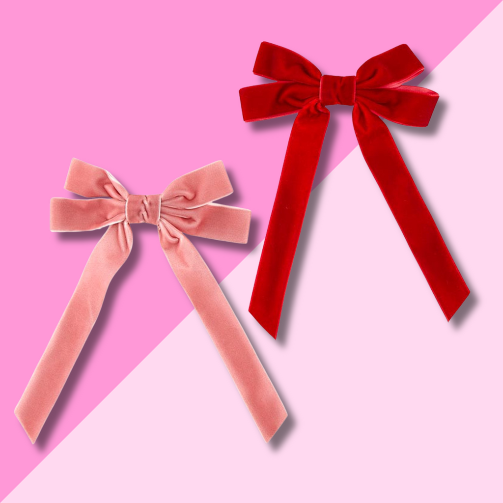 Velvet Bow Clip Set - Blush & Red